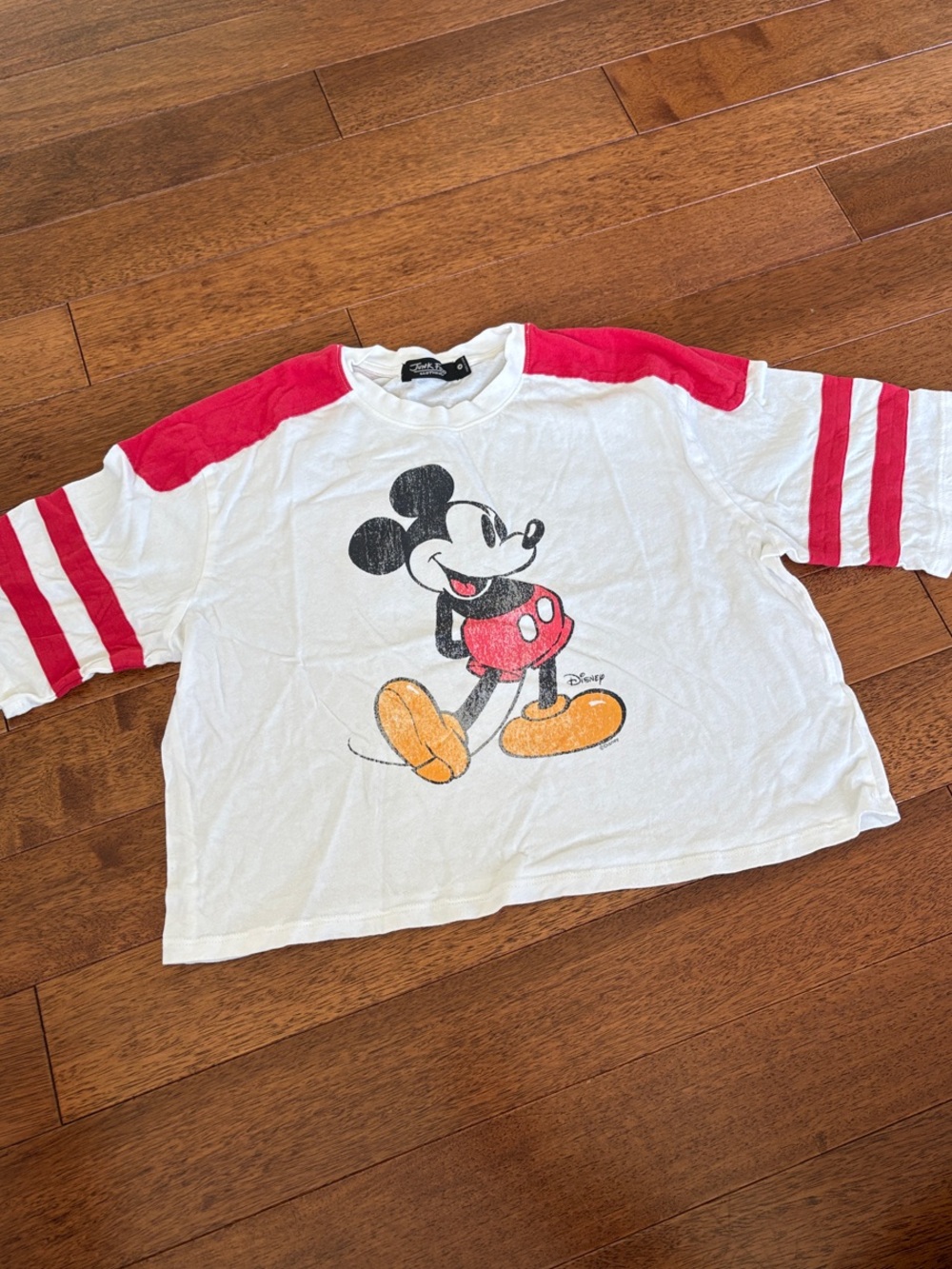 Disney White Crop Tee with Red Sleeves and Yellow Accents